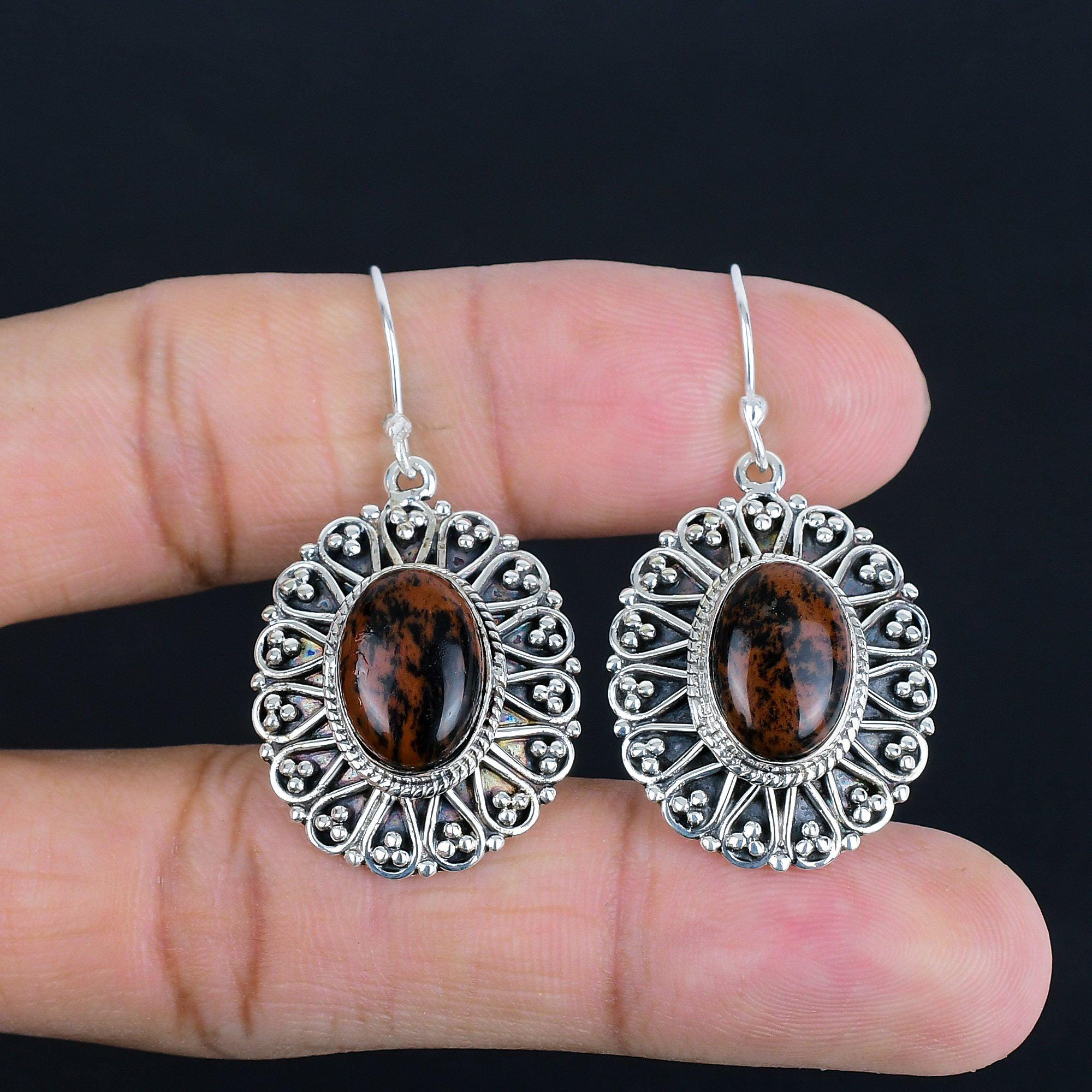 Mahogany Obsidian Earrings: Handmade 925 Sterling Silver Vintage Jewelry