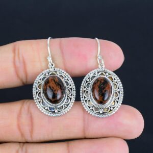 Handmade Mahogany Obsidian Earrings: 925 Sterling Silver Antique Jewelry