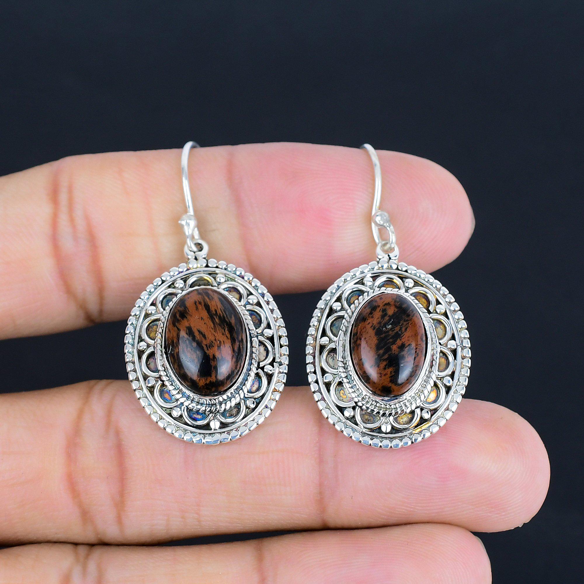 Handmade Mahogany Obsidian Earrings: 925 Sterling Silver Antique Jewelry