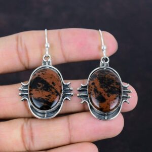 Handmade Mahogany Obsidian Earrings: 925 Sterling Silver Dangle Jewelry