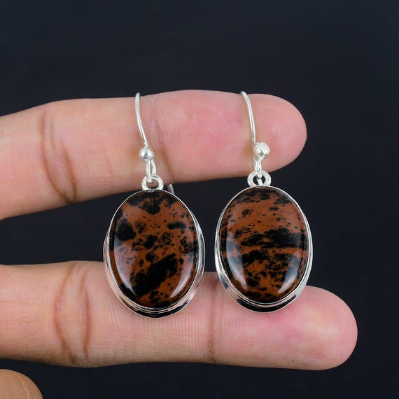 Handmade Mahogany Obsidian Dangle Earrings: 925 Sterling Silver