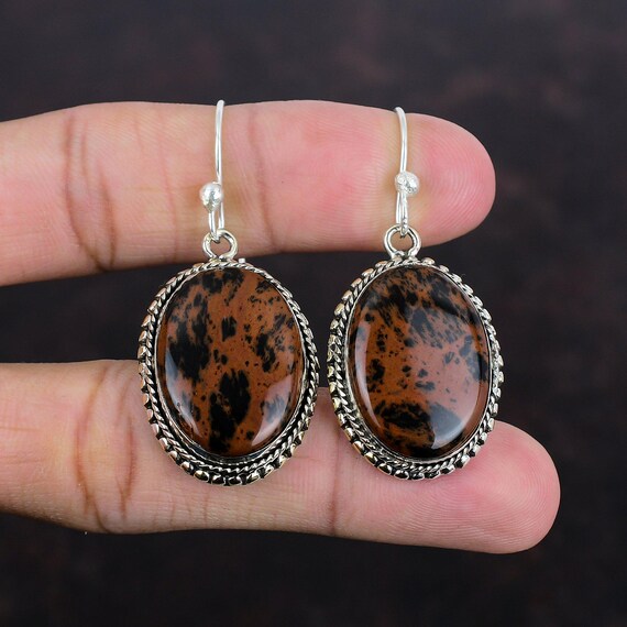 Handmade Mahogany Obsidian Earrings: Vintage 925 Sterling Silver Jewelry