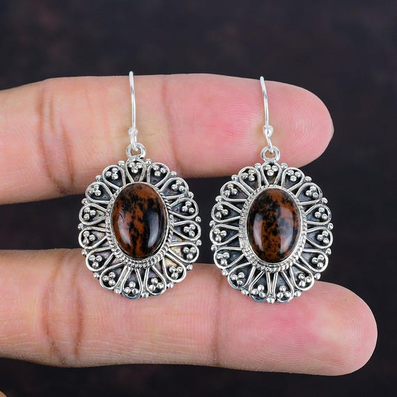 Handmade Mahogany Obsidian Earrings: Vintage 925 Sterling Silver Gemstone Jewelry
