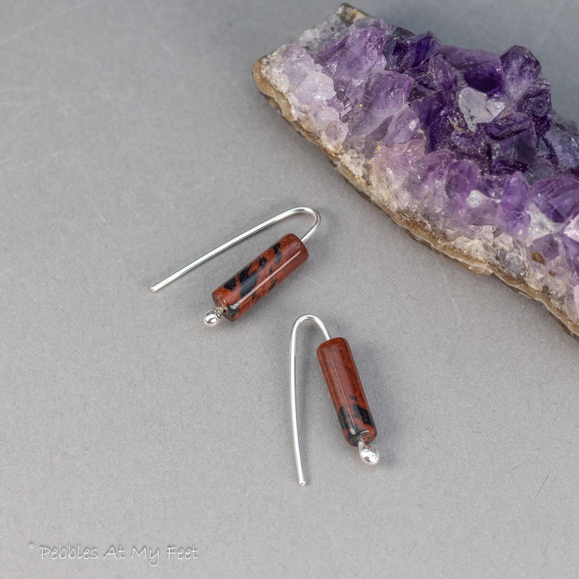 Minimalist Sterling Silver Mahogany Obsidian Threader Earrings