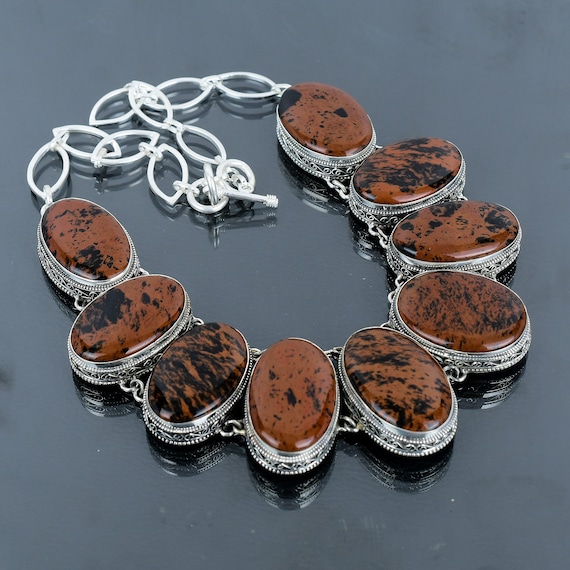 Mahogany Obsidian 925 Sterling Silver Necklace - Vintage Gemstone Jewelry