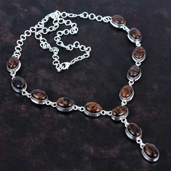 Handmade Mahogany Obsidian Necklace: 925 Sterling Silver, Adjustable Chain