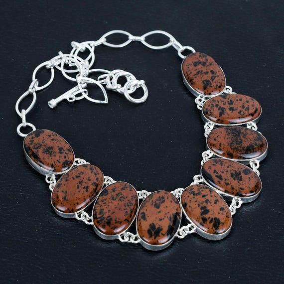 Handmade Mahogany Obsidian Necklace: 925 Sterling Silver, Adjustable Chain