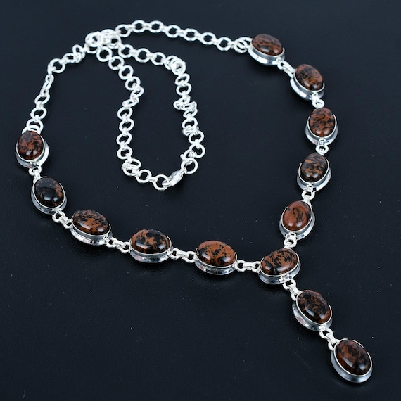 Handmade Mahogany Obsidian Necklace: 925 Sterling Silver, Adjustable Chain