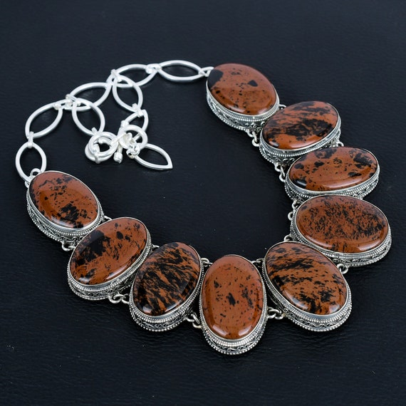 Mahogany Obsidian Necklace: Handmade Vintage 925 Sterling Silver, Adjustable