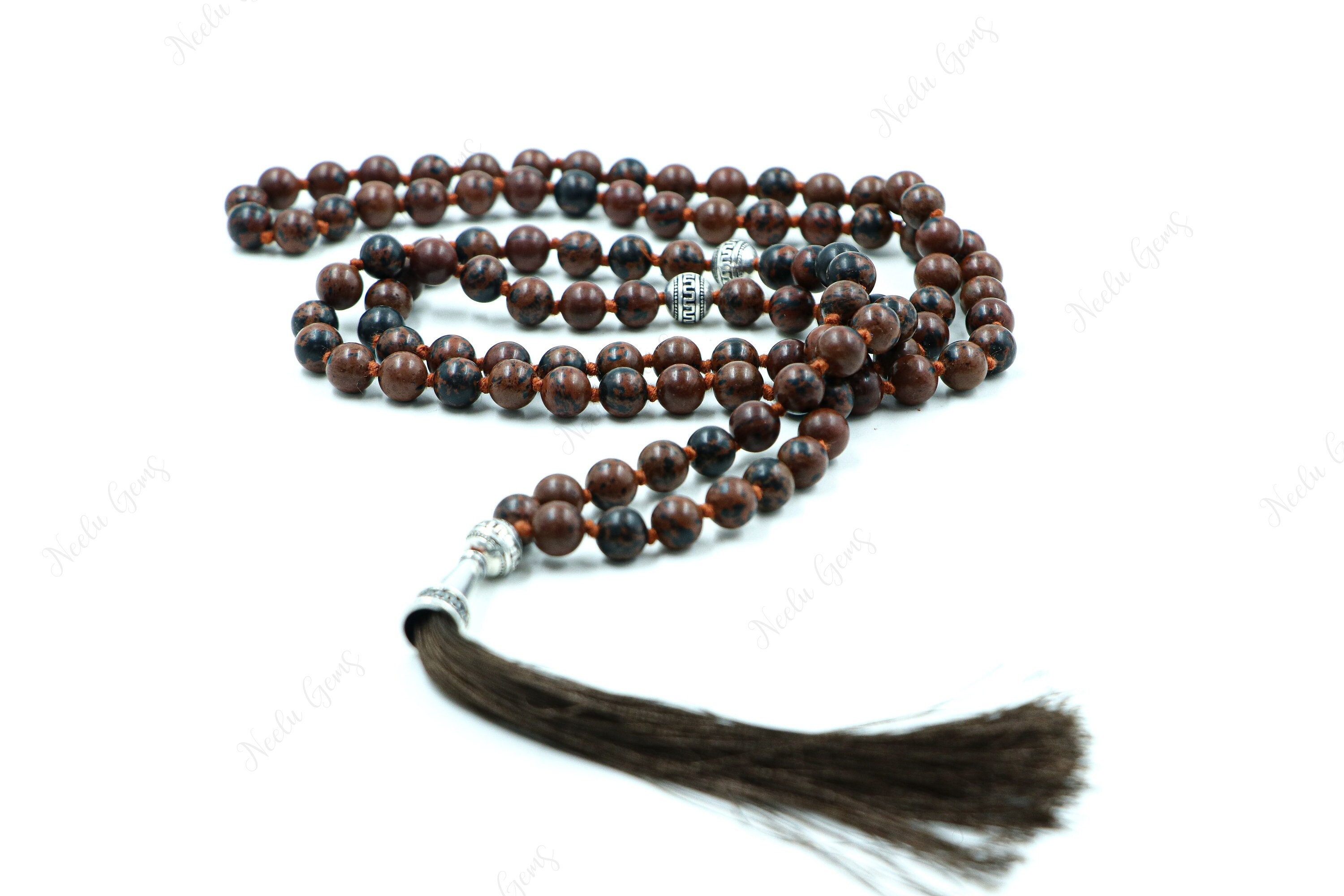 Mahogany Obsidian Mala Necklace 108 Beads Hand Knotted, 8mm Natural Gemstone Tassel Necklace, Grounding Protection, Yoga Meditation Beads