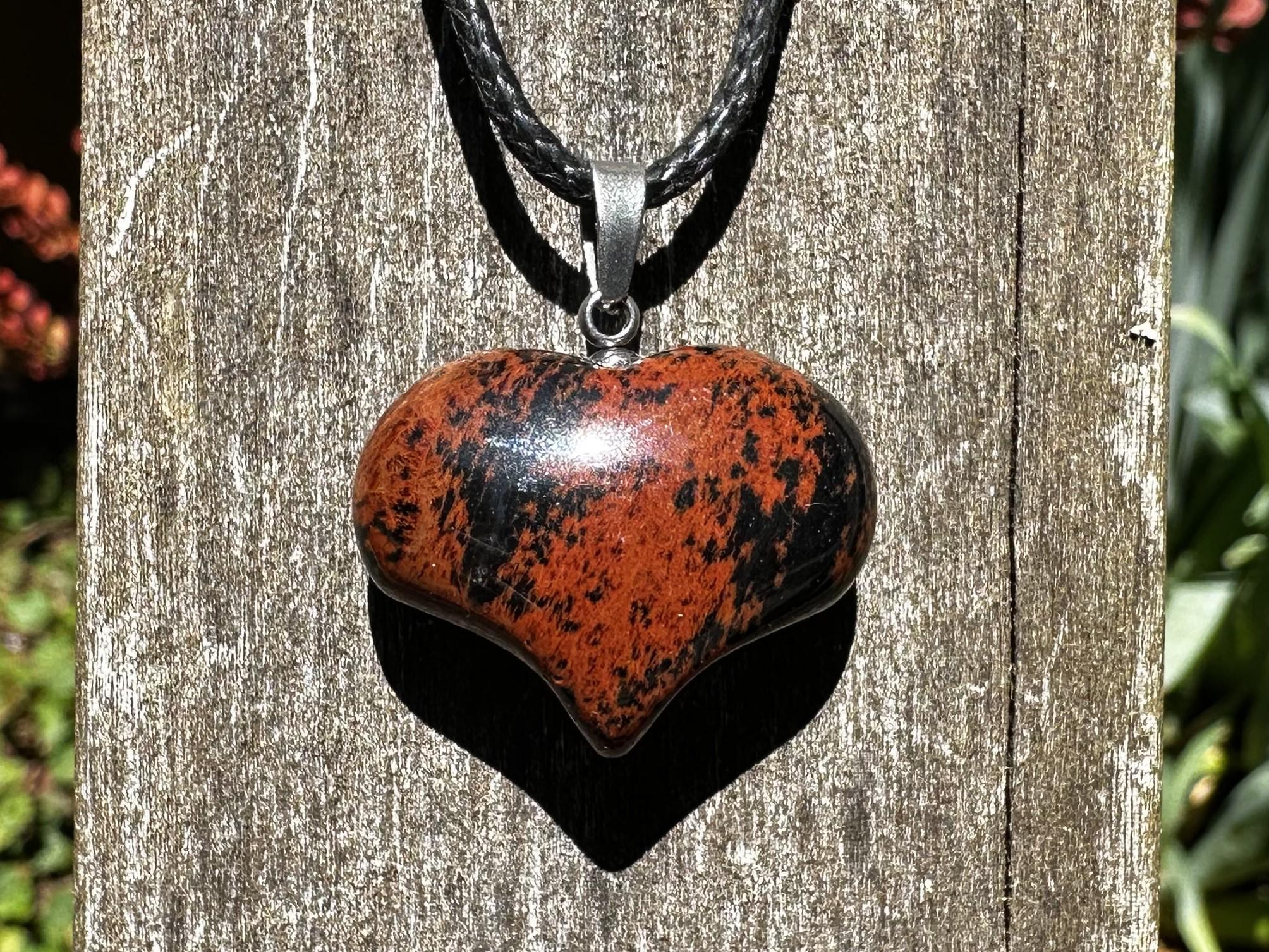 Mahogany Obsidian Puffy Heart Healing Stone Necklace With Positive Healing Energy!