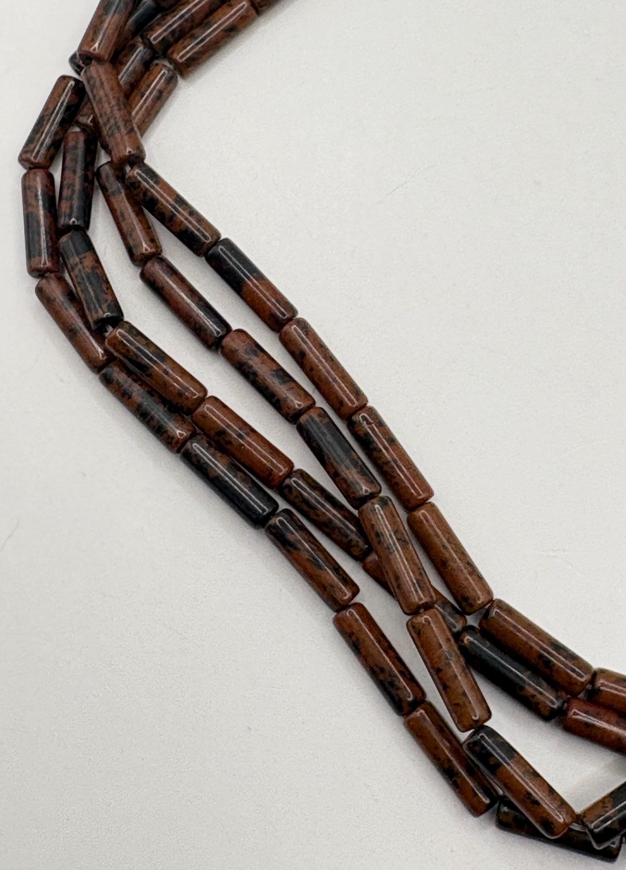 4x13mm Mahogany Obsidian Gemstone Beads. 15” Strand Of Reddish-brown And Black Tube Beads, 30 Per Strand.