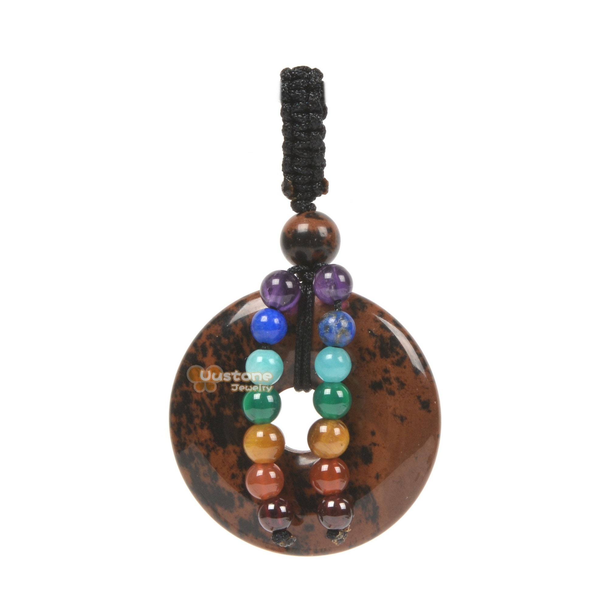 30mm Natural Mahogany Obsidian Donut Beads Peace Buckle 7 Chakra Gemstone Micro Macrame Hand-woven Pendant