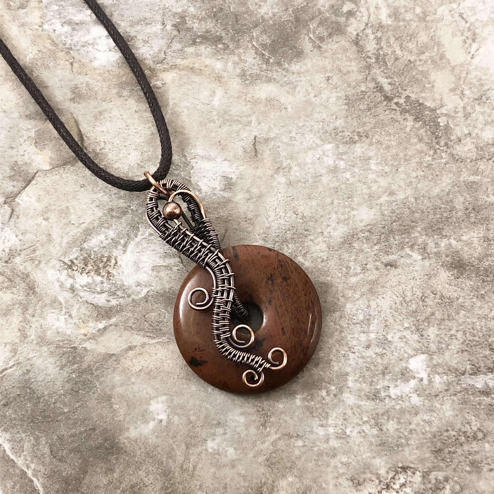Handmade Donut Shaped Mahogany Obsidian Pendant: Copper Wire Wrapped Jewelry - Usa Made 0119 Handmade Donut Shaped Mahogany Obsidian Pendant: Copper Wire Wrapped Jewelry - Usa Made 0119