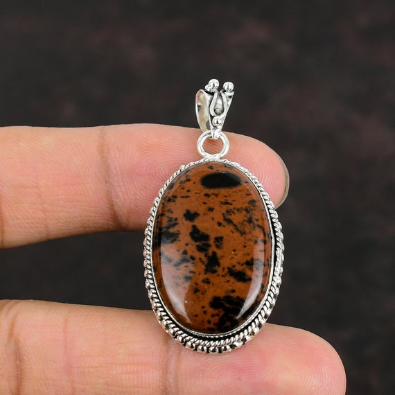 Handmade Mahogany Obsidian Sterling Silver Pendant, Engagement Gift Handmade Mahogany Obsidian Sterling Silver Pendant, Engagement Gift
