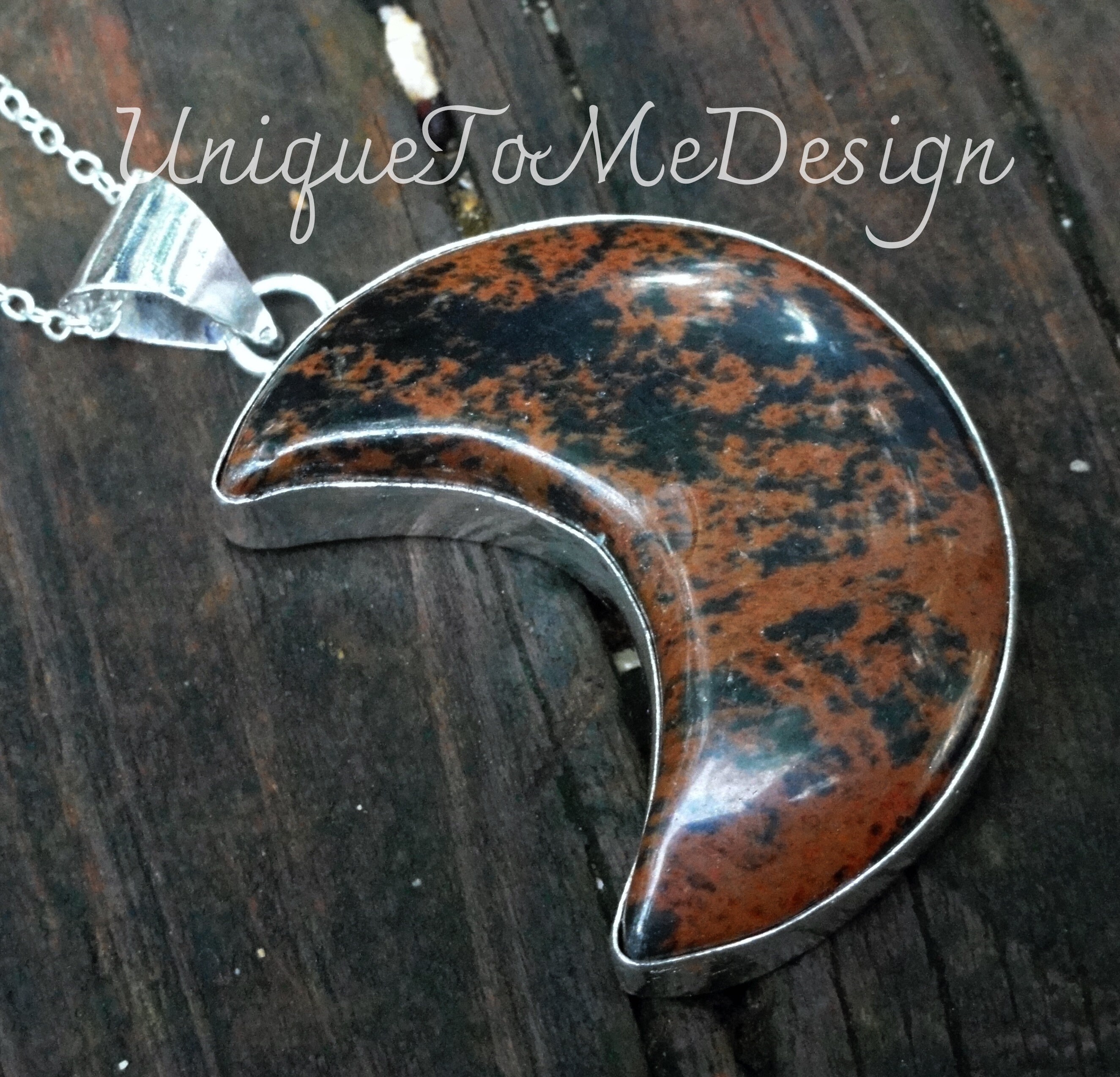 Handmade Sterling Silver Mahogany Obsidian Moon Pendant Necklace