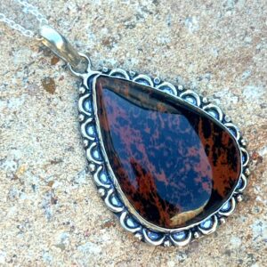 Handmade Mahogany Obsidian Sterling Silver Necklace – Teardrop Pendant