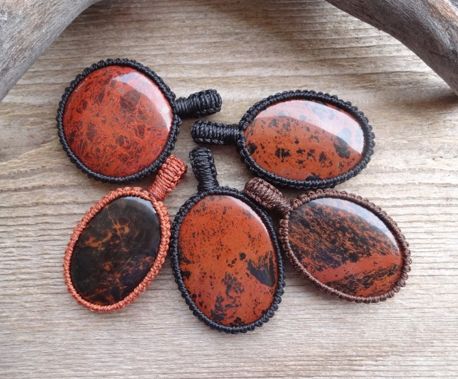 Mahogany Obsidian Macrame Necklace, Gemstone Pendants, Grounding Balanced Stones, Mens Jewelry, Handmade Necklace Gift For Husband, Dad, Him Mahogany Obsidian Macrame Necklace, Gemstone Pendants, Grounding Balanced Stones, Mens Jewelry, Handmade Necklace Gift For Husband, Dad, Him