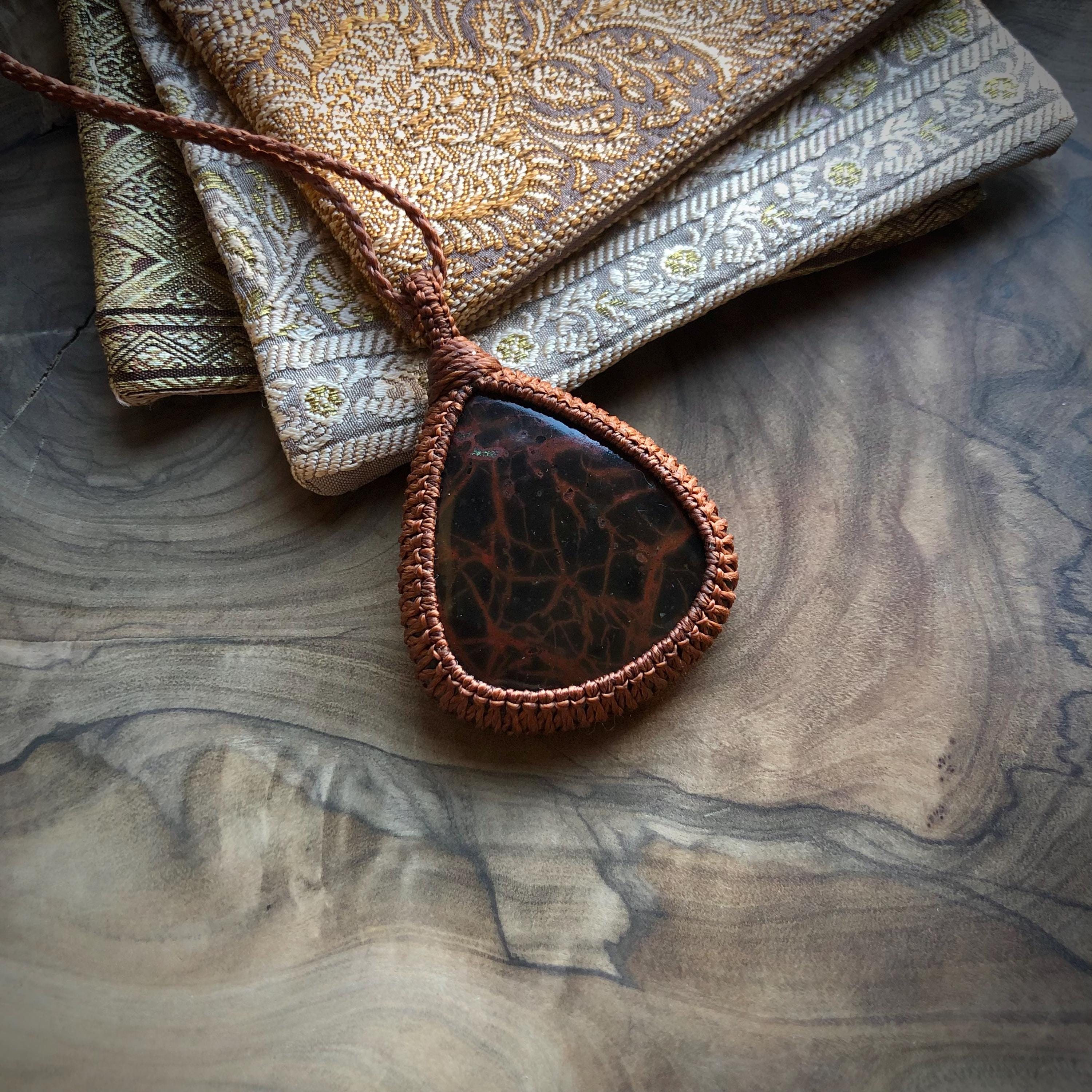 Mahogany Obsidian, Mahoni Obsidian, Mahagony Obsidian, Red And Black Obsidian, Pendant, Brown Macrame Cord, Red Veins, Stone With Veins