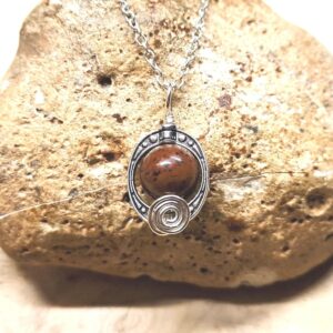 Mahogany Obsidian pendant. Reiki jewelry uk. Wire wrapped spiral necklace. Brown obsidian necklace