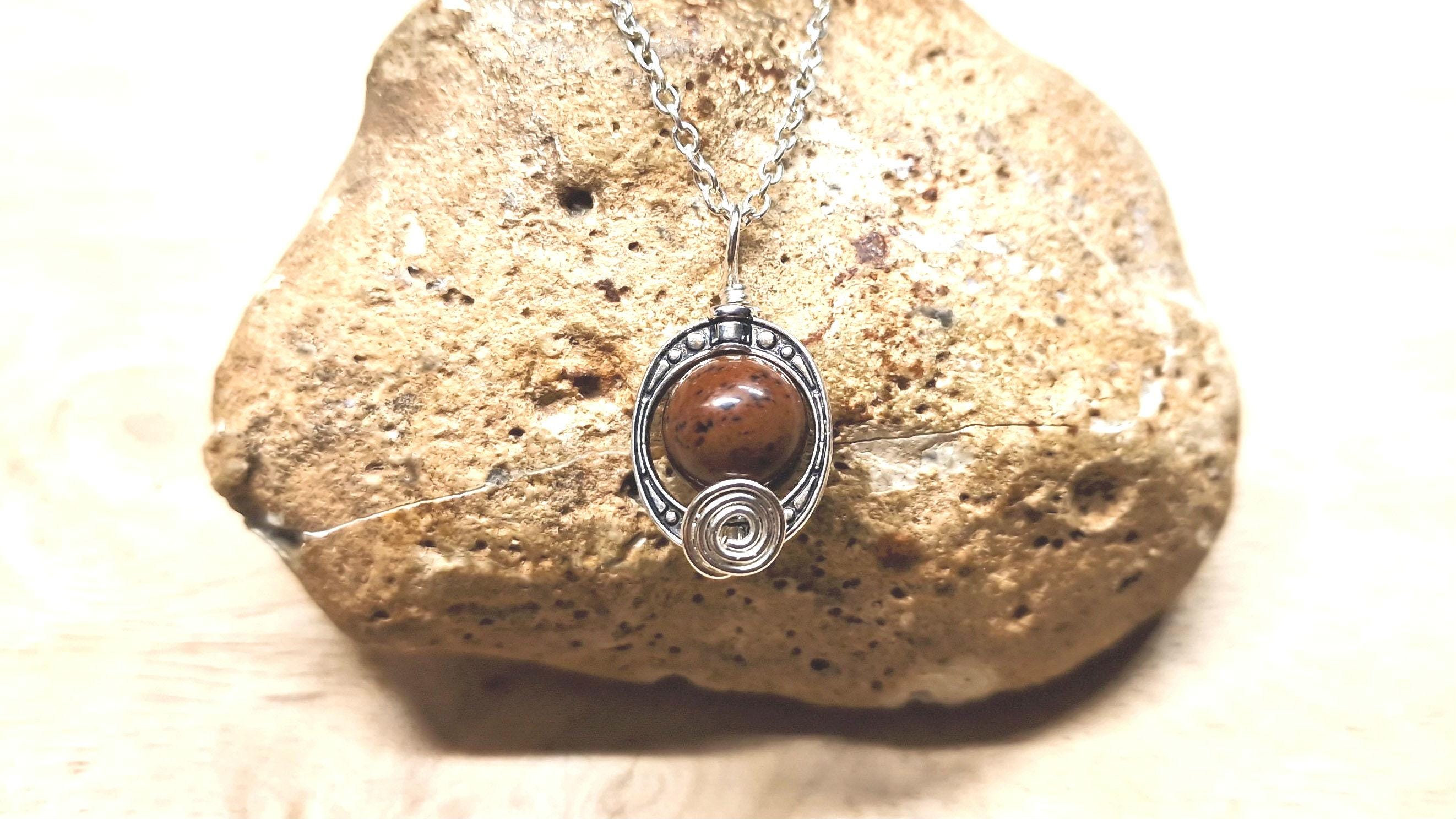 Mahogany Obsidian Pendant, Brown Minimalist Silver Oval Frame Necklace