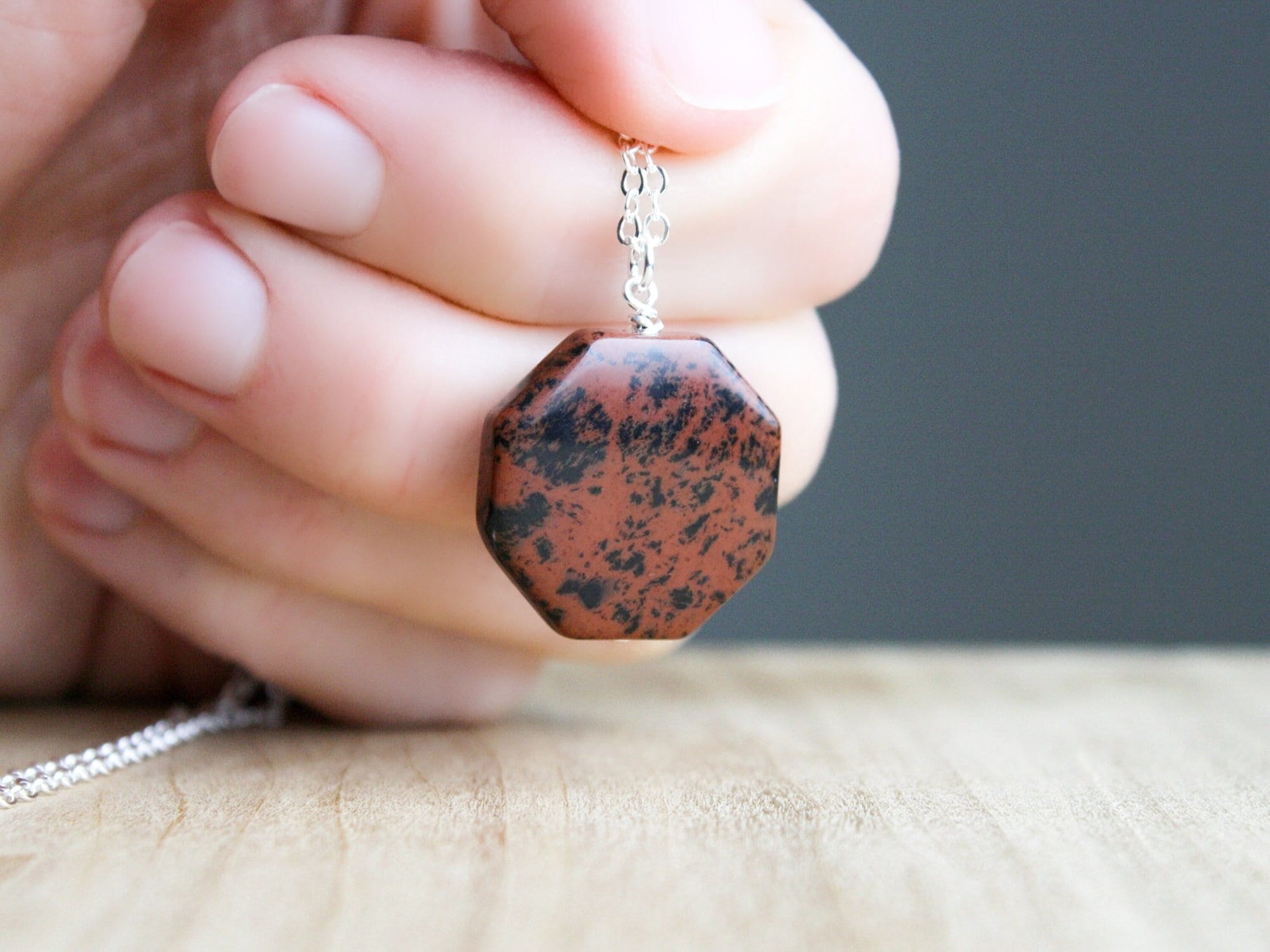 Sterling Silver Mahogany Obsidian Necklace: Geometric Stone Pendant