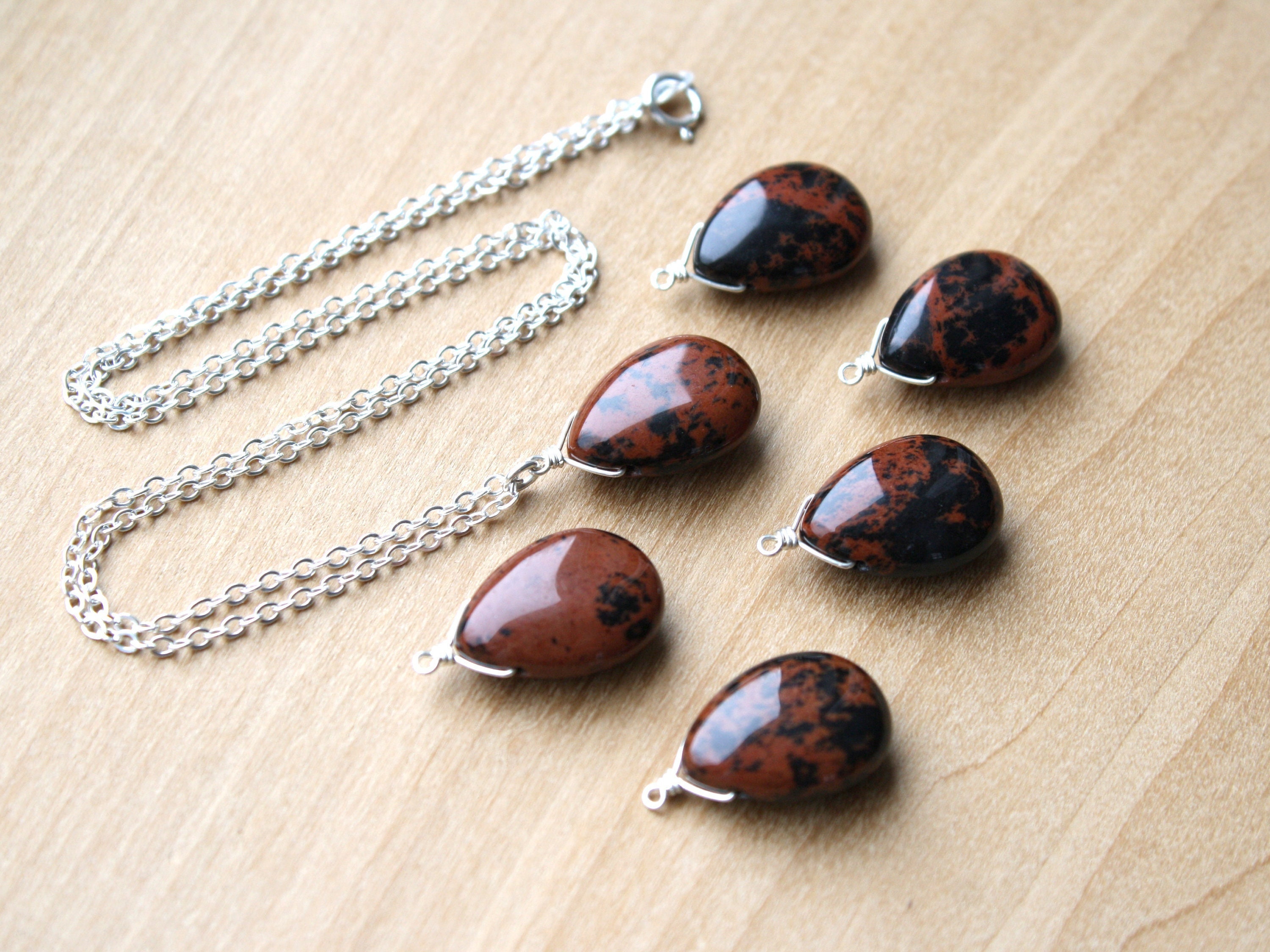 Mahogany Obsidian Teardrop Necklace: Sterling Silver Protection Pendant