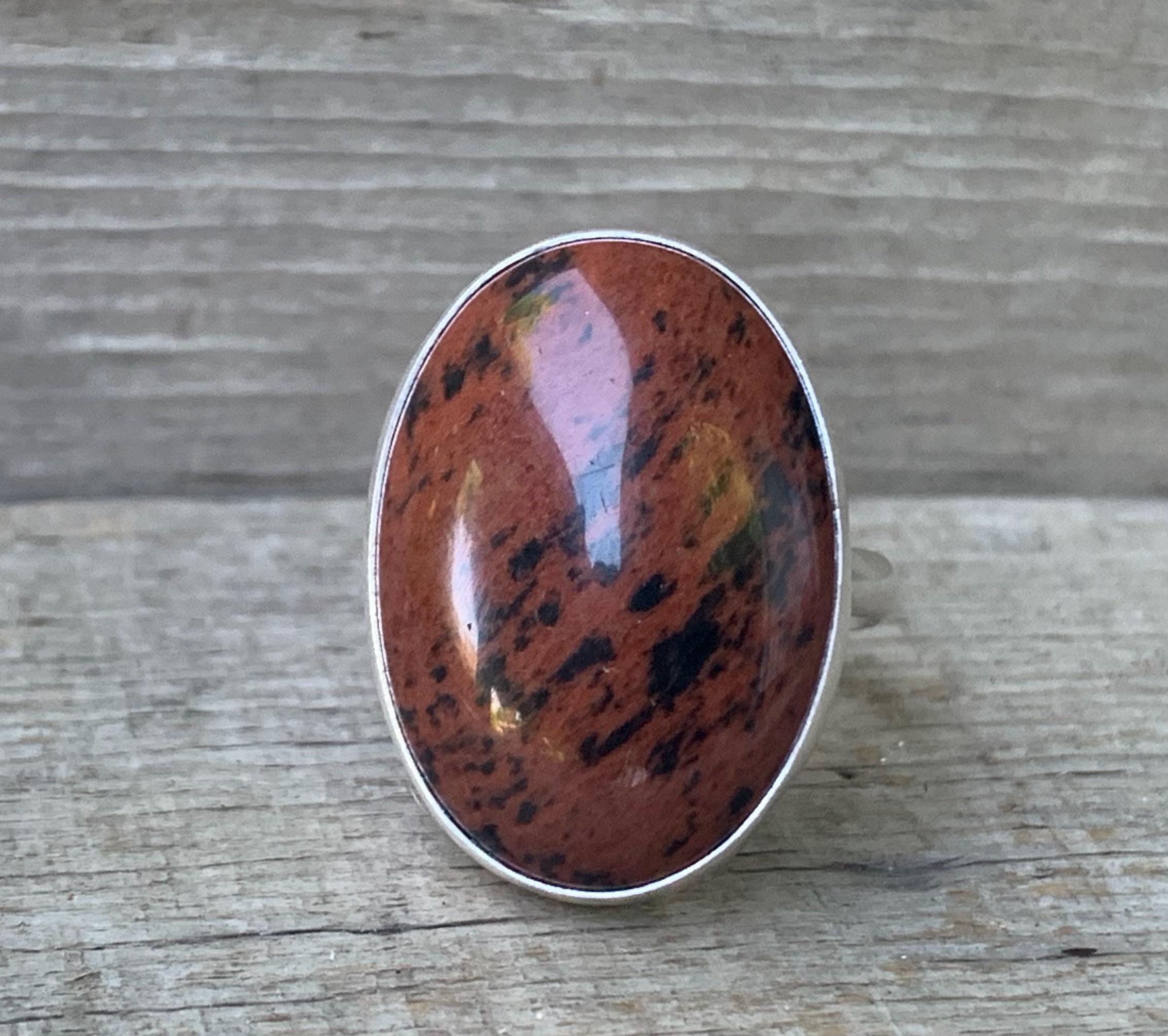 Large Oval Mahogany Obsidian Sterling Silver Statement Ring , Brown Black Stone Ring , Custom Ring , Chunky Ring