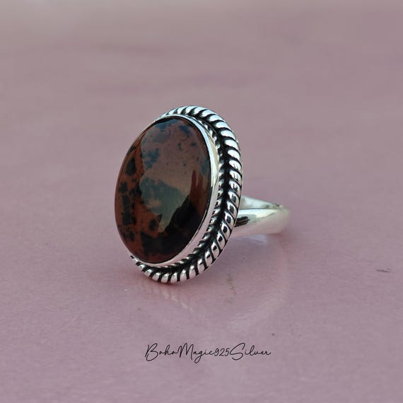 Oval Mahogany Obsidian Ring: Handmade Sterling Silver Promise Ring Oval Mahogany Obsidian Ring: Handmade Sterling Silver Promise Ring
