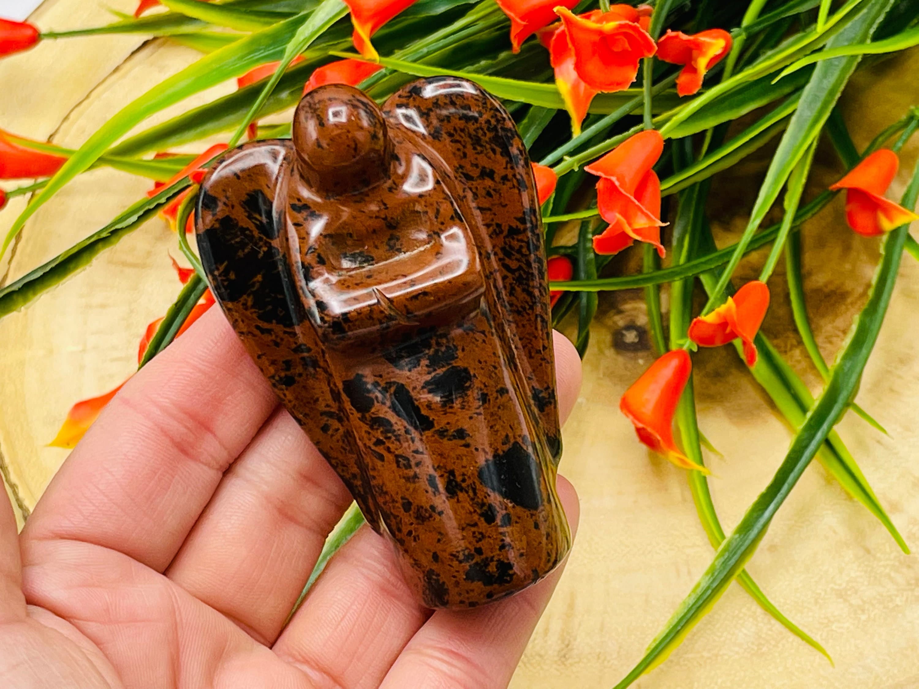 Mahogany Obsidian Angel, Heart Chakra, Crystal Figurine And Standing Statuette, 3 Inches