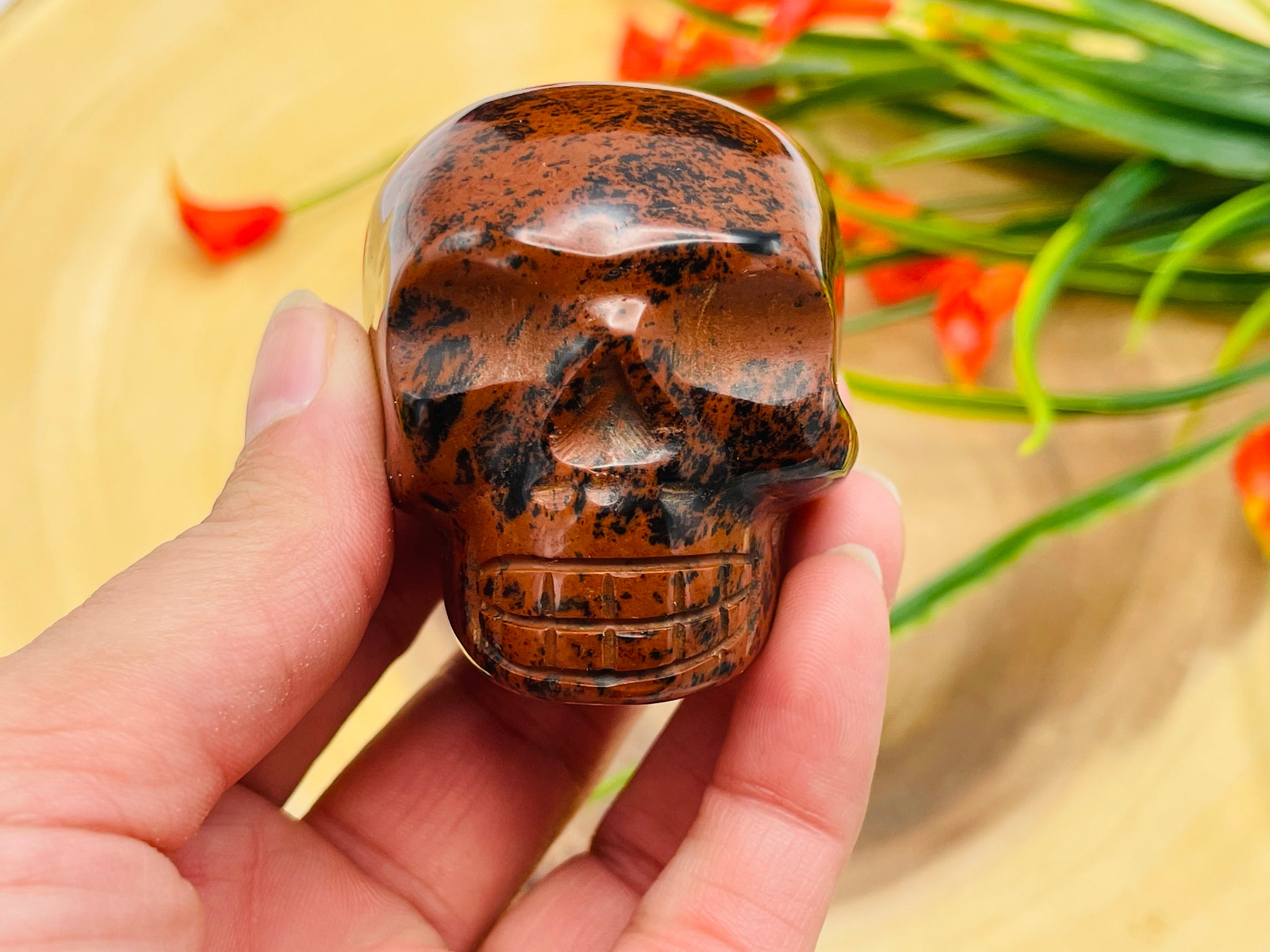 Mahogany Obsidian Skull, Heart Chakra Crystal Carving, Realistic Details, Healing Crystal Fine Art Sculpture, Metaphysical Skull 2 Inch