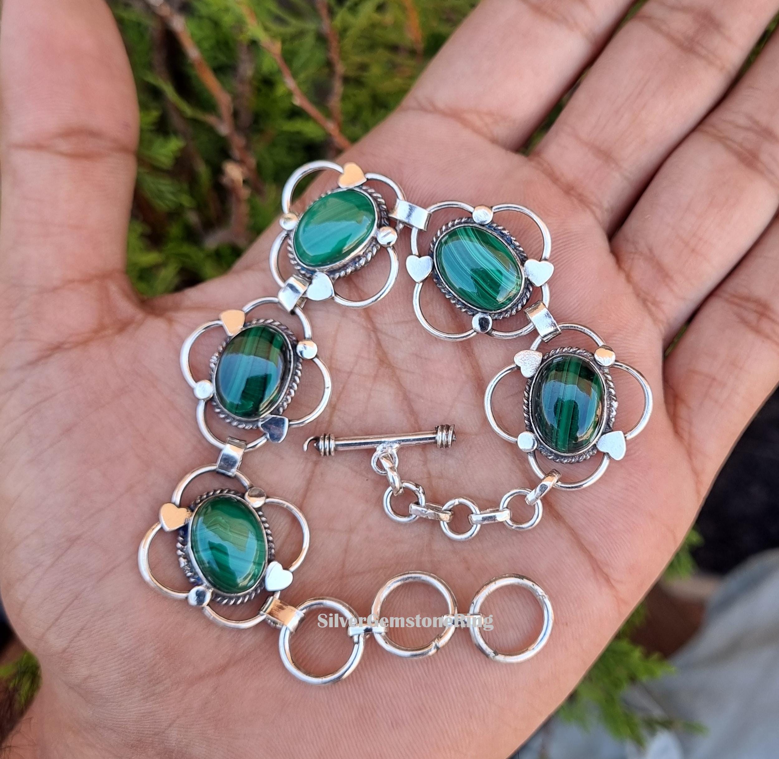 Malachite Bracelet: 925 Sterling Silver, Handmade Boho Jewelry Malachite Bracelet: 925 Sterling Silver, Handmade Boho Jewelry