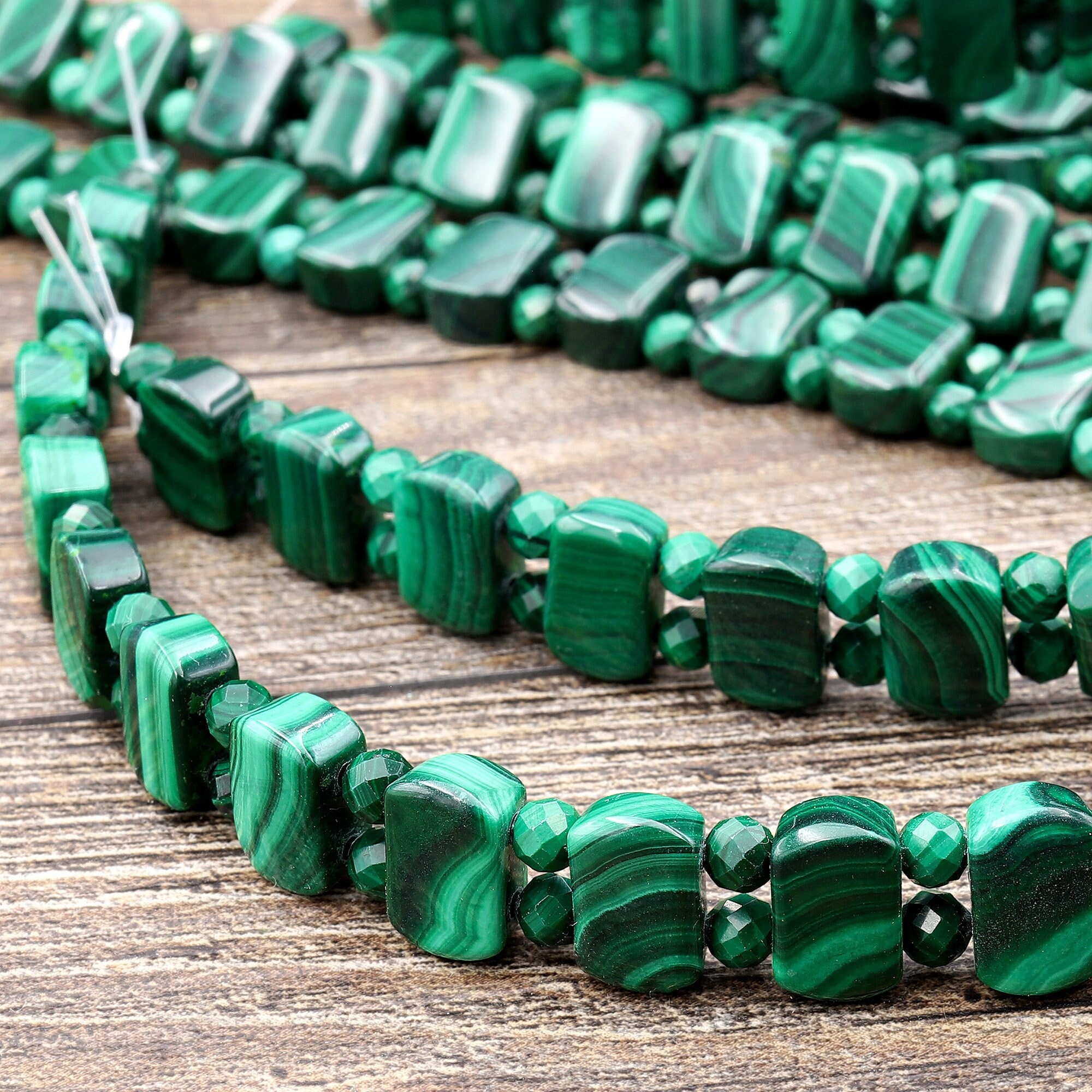 Aaa Double Drilled Natural Malachite Rectangle Bracelet Gemstone Beads 8" Strand