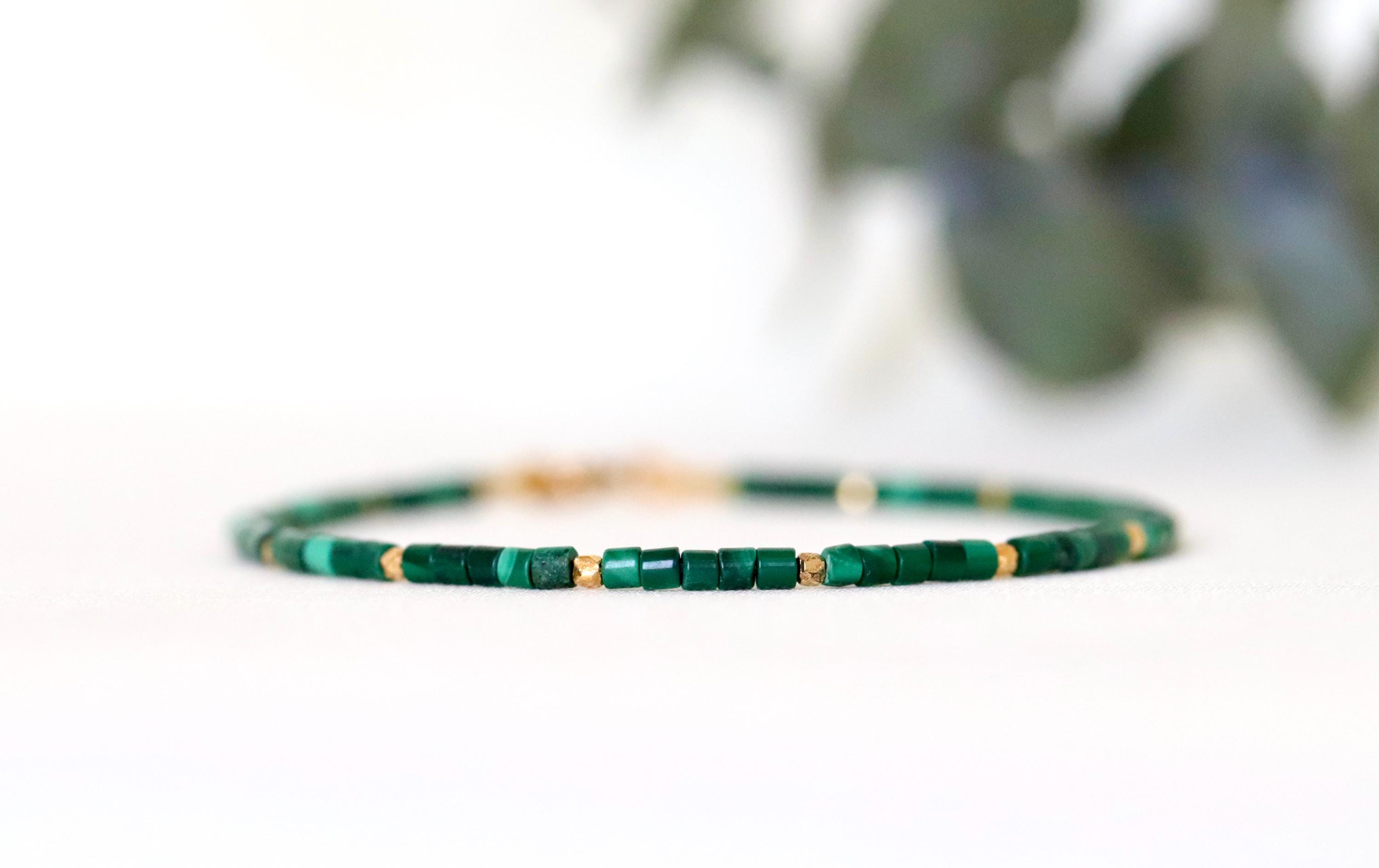 Aaa+ Natural Malachite Bracelet With 24k Gold Vermeil Beads From Thailand, Green Square Crystal Bracelet 2mm Aaa+ Natural Malachite Bracelet With 24k Gold Vermeil Beads From Thailand, Green Square Crystal Bracelet 2mm