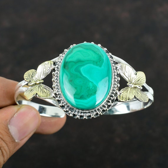 Malachite Bangle: 18k Gold Plated Butterfly Cuff, 925 Sterling Silver