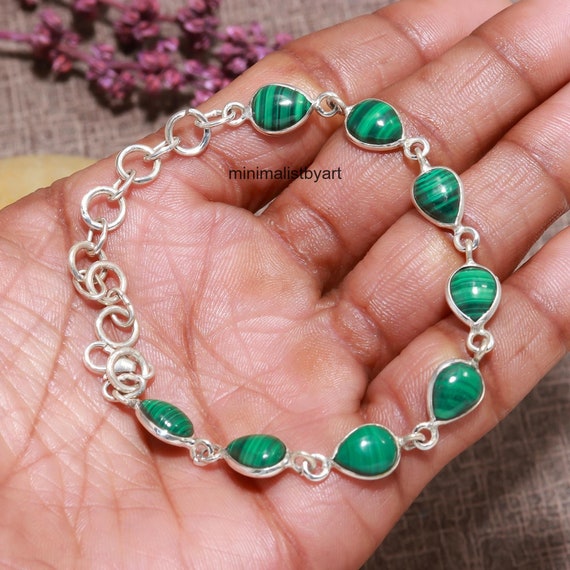 Boho Malachite Bracelet: Sterling Silver Adjustable Gemstone Jewelry