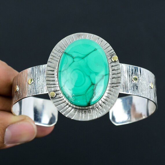 Malachite Cuff Bracelet: Handmade 925 Sterling Silver Adjustable Bangle