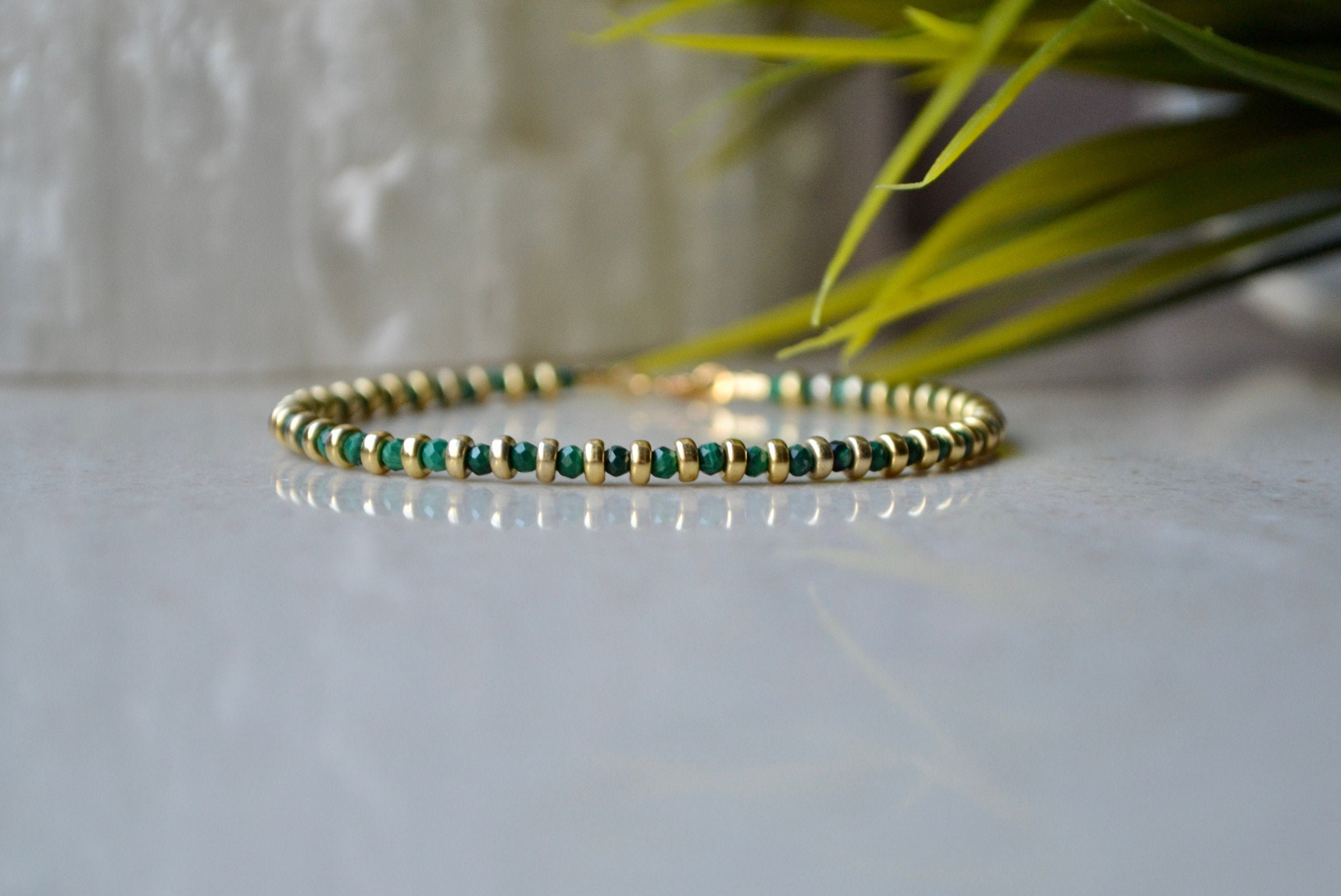 Malachite Bracelet - Delicate Bracelet, Genuine Malachite Jewelry With Gold Vermeil, Green Stone Bracelet, Ultra Skinny Womens Bracelet