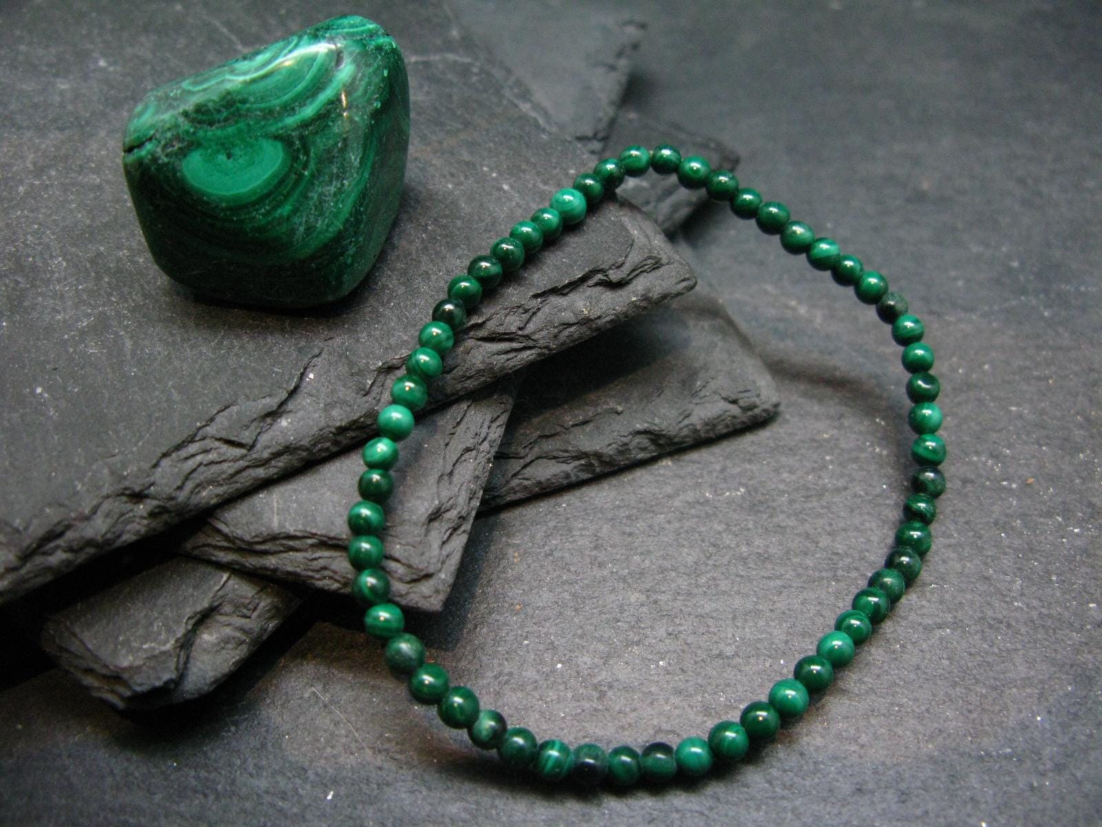 Malachite Genuine Bracelet ~ 7 Inches  ~ 4mm Round Beads