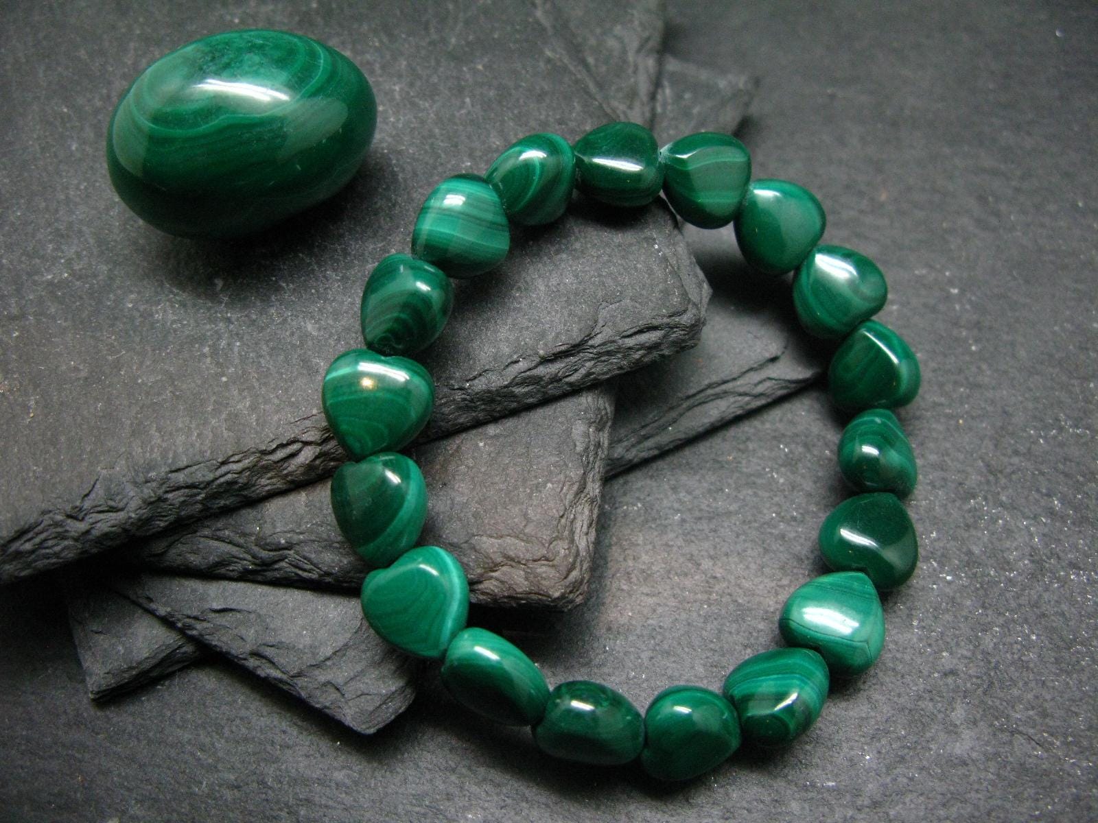 Malachite Genuine Bracelet ~ 7 Inches ~ 10mm Heart Beads