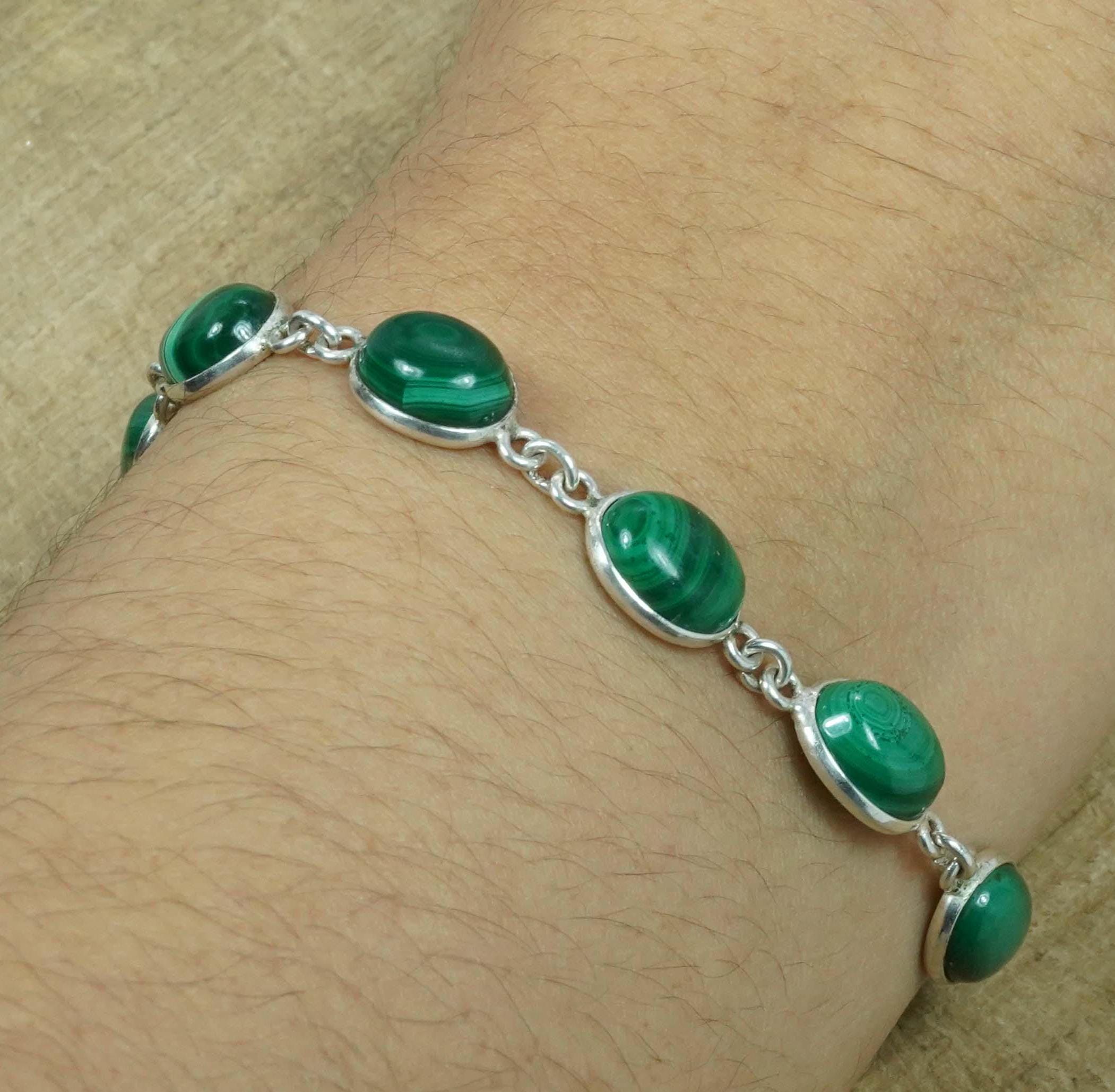 Green Malachite Bracelet: 925 Sterling Silver Adjustable Gemstone