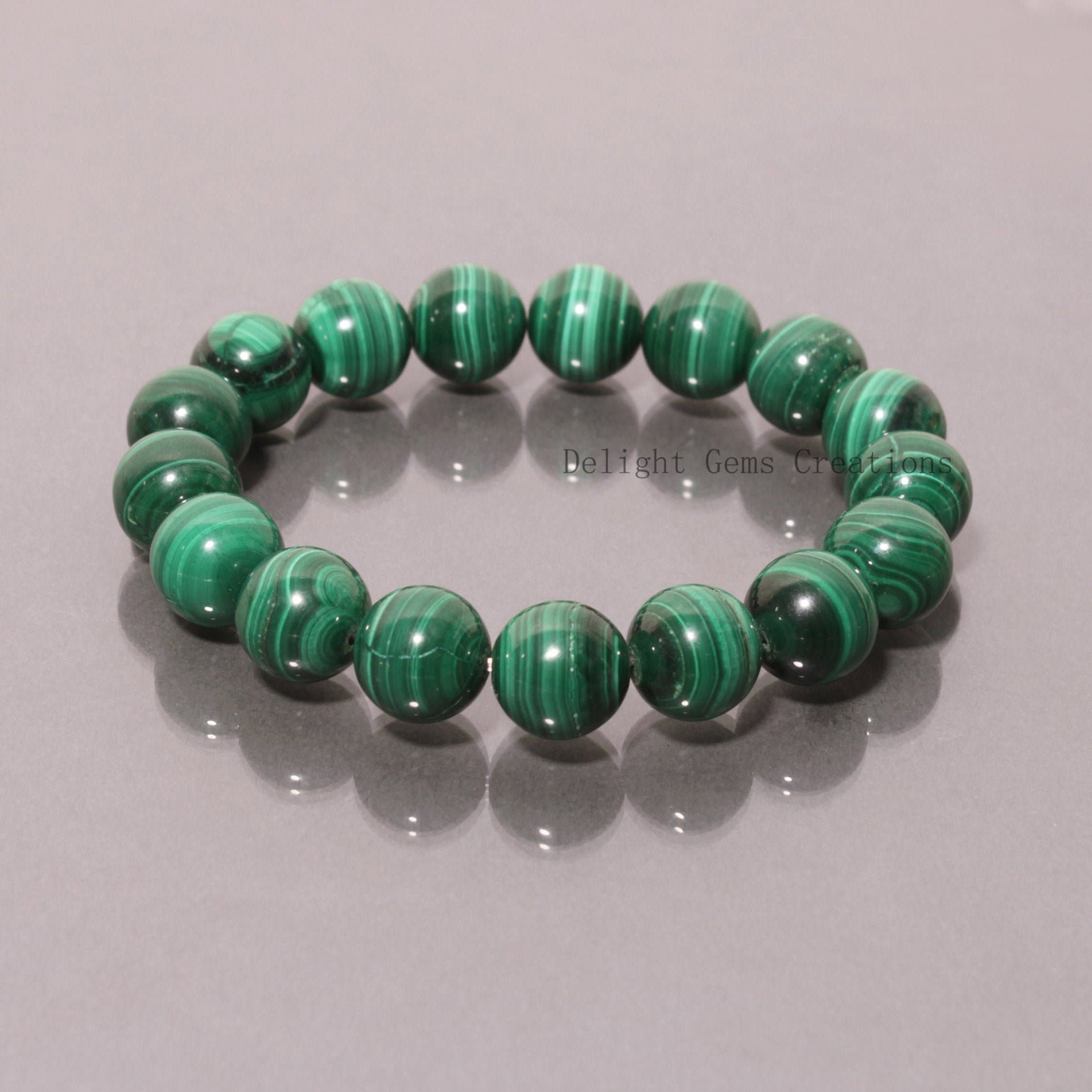 Green Malachite Gemstone Bracelet, 12mm Round Beads, Stretch Fit