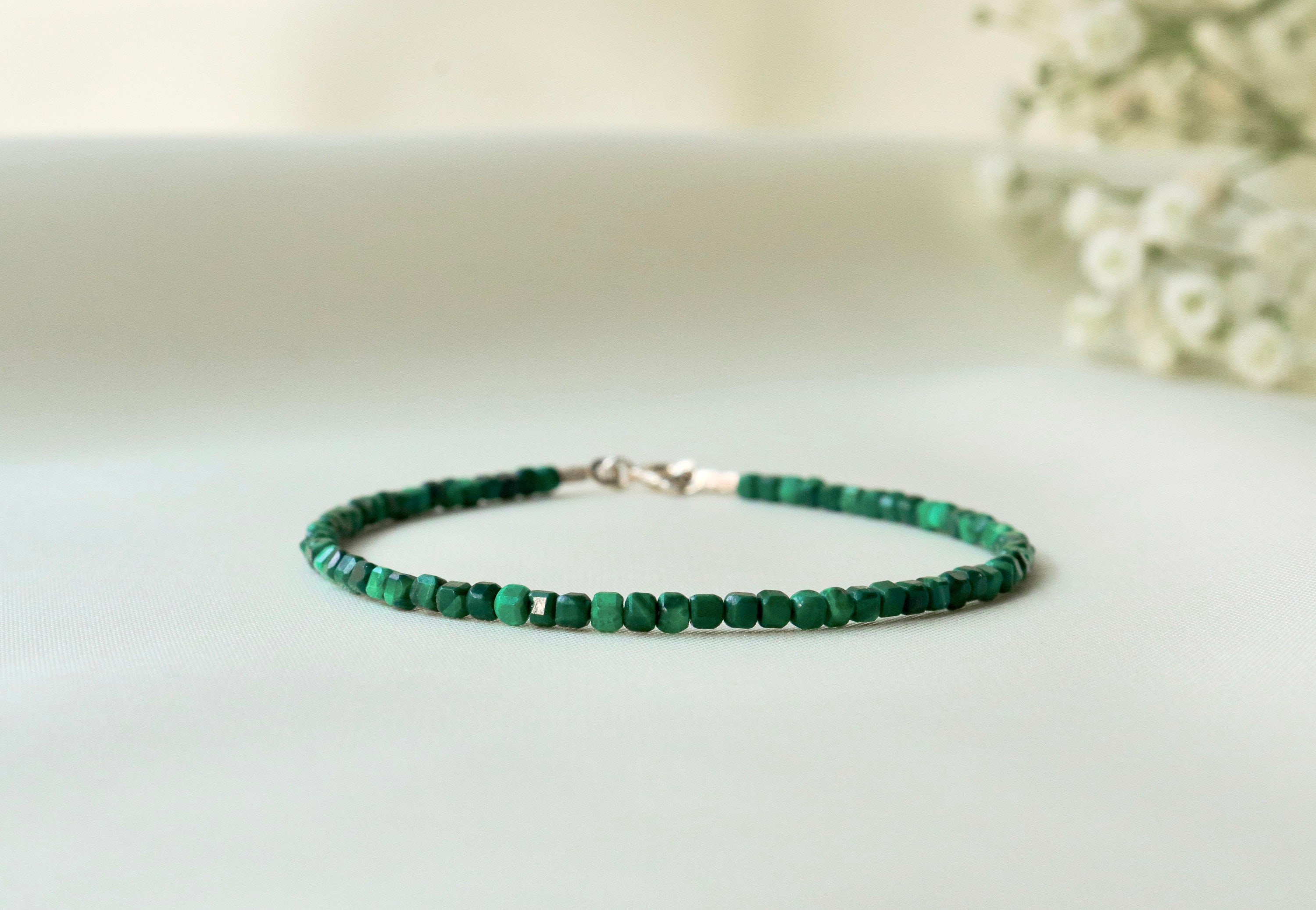 Malachite Bracelet, Green Gemstone Jewelry, Square Bead Bracelet, Crystal Bracelet 2.5 Mm, Dainty Bracelet, Woman Bracelets, Gift For Her