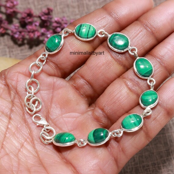 Malachite Bracelet: Green Gemstone, Sterling Silver Chain Jewelry