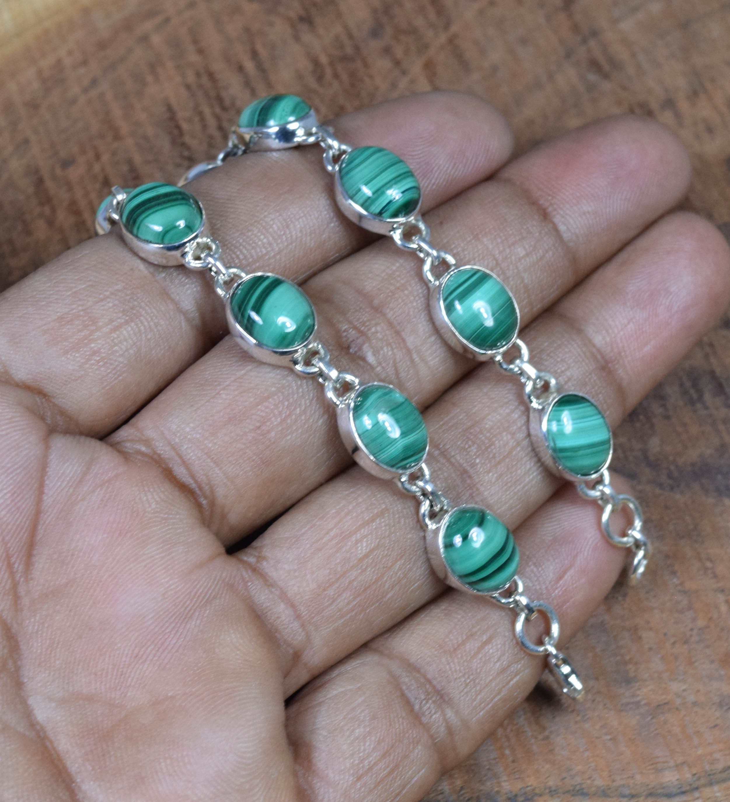 Green Malachite Sterling Silver Bracelet: Adjustable Oval Stone Jewelry