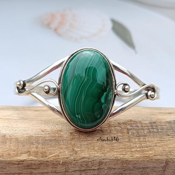 Handmade Malachite Bangle: 925 Sterling Silver Cuff