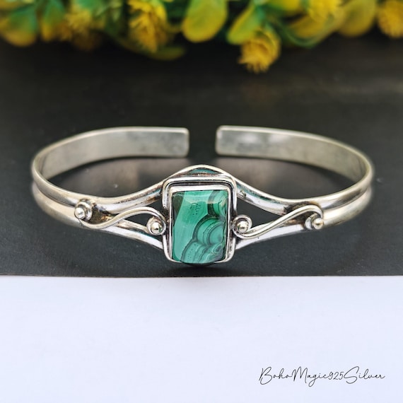 Handmade Malachite Bangle: Sterling Silver Cuff Bracelet