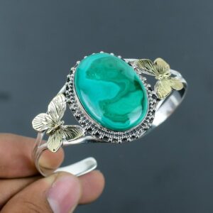 Handmade Malachite Bangle: Sterling Silver 18K Gold Plated Butterfly Cuff Handmade Malachite Bangle: Sterling Silver 18K Gold Plated Butterfly Cuff