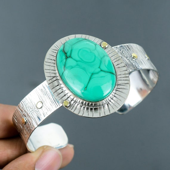 Handmade Malachite Cuff Bracelet: 925 Sterling Silver Adjustable Bangle