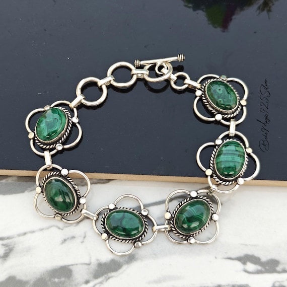 Handmade Malachite Gemstone Bracelet: 925 Sterling Silver Jewelry